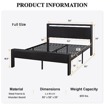 Full Size Bed Frame, Wooden Headboard and Footboard, Black Oak | Rounded Corners, 12 Metal Slats, Noise-Free Design, 12-Inch Storage, No Box Spring, 40-Minute Assembly