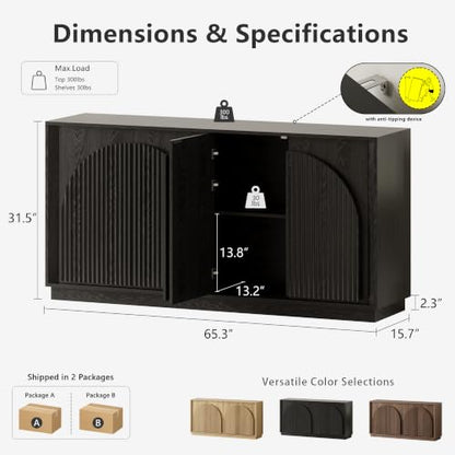65" Sideboard Buffet Cabinet with Storage, Modular Credenza, Black
