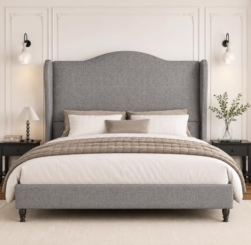 Queen Size Upholstered Platform Bed Frame, Light Grey