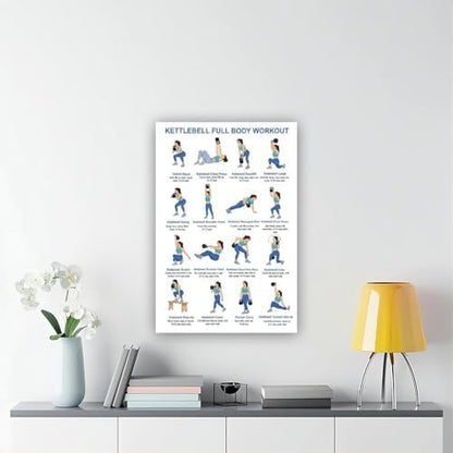 Kettlebell Full Body Workout for Beginners Exercise Chart Home Gym Easy Strength Training Routine Canvas Poster Bedroom Decor Room Decor Frame 20x30inch