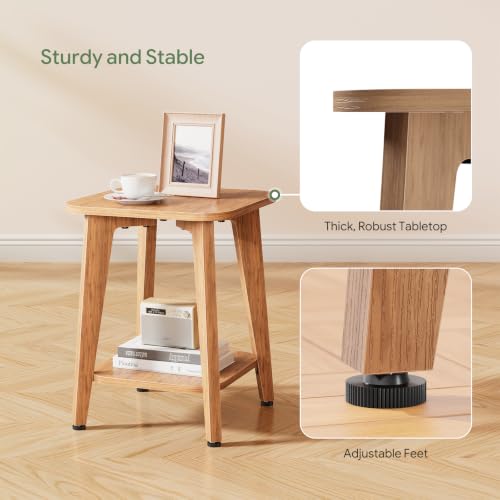 Side Table, 2-Tier Square End Table, Rustic Walnut | Nightstand with Adjustable Foot Pads, Tapered Legs, Spacious Top, Curved Edge, for Living Room, Bedroom