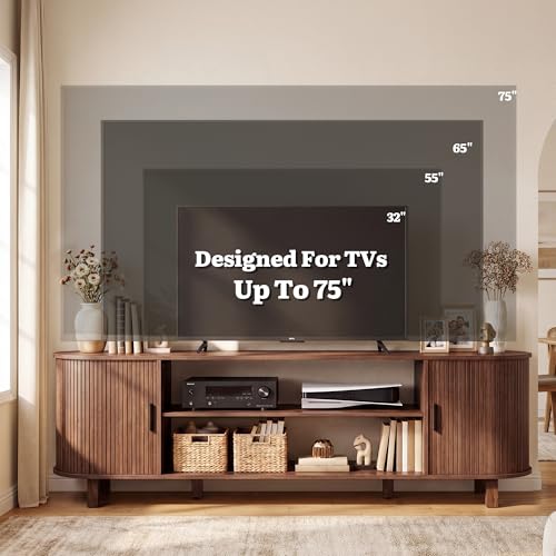 70" Mid Century TV Stand with Fluted Sliding Doors, Walnut