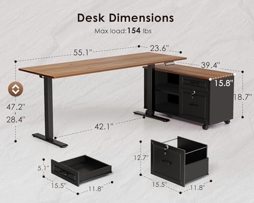 55" L Shaped Electric Standing Desk with Cabinet Sets, Walnut/Black