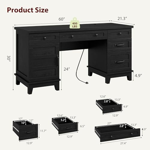 Farmhouse Executive Desk with File Drawers, 60 in Home Office Desk with Charging Station, Wooden Computer Desk with Cabinet Storage for Work Study Writing, Rustic Black