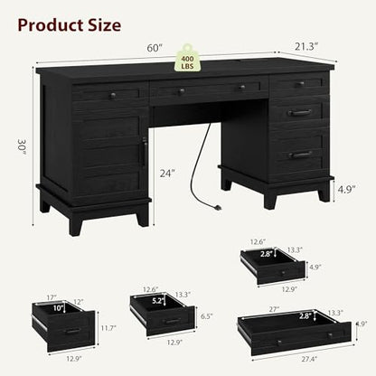 Farmhouse Executive Desk with File Drawers, 60 in Home Office Desk with Charging Station, Wooden Computer Desk with Cabinet Storage for Work Study Writing, Rustic Black