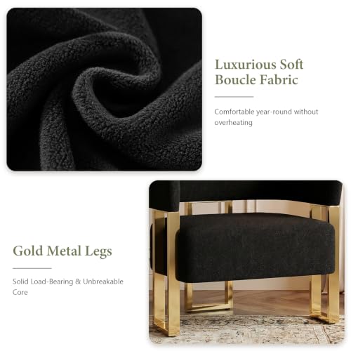 Black and Gold Accent Chairs Set of 2, Boucle Barrel Chairs for Living Room | Boucle Upholstery, Curved Bucket Design, Bedroom Chair, Gold-Tone Base, Armchairs for Office, Small Space Seating