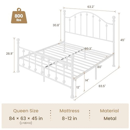 Queen Metal Bed Frame, Victorian Style Platform Bed with Curved Headboard and Classic Footboard, No Box Spring Needed, White
