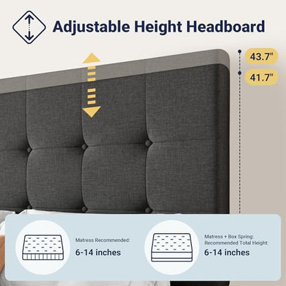 Upholstered Queen Size Platform Bed Frame with 4 Storage Drawers and Headboard, Square Stitched Button Tufted, Mattress Foundation with Wooden Slats Support, No Box Spring Needed, Dark Grey
