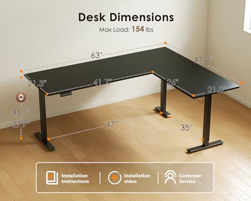 63 Inch Reversible L Shaped Electric Standing Desk, Black