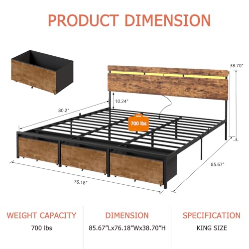 King Size Bed Frame with Wood Headboard,3 Storage Drawers & Shelf