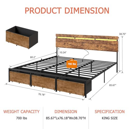 King Size Bed Frame with Wood Headboard,3 Storage Drawers & Shelf