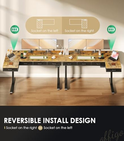63 Inch L Shaped Electric Standing Desk with 4 Drawers, Rustic Brown