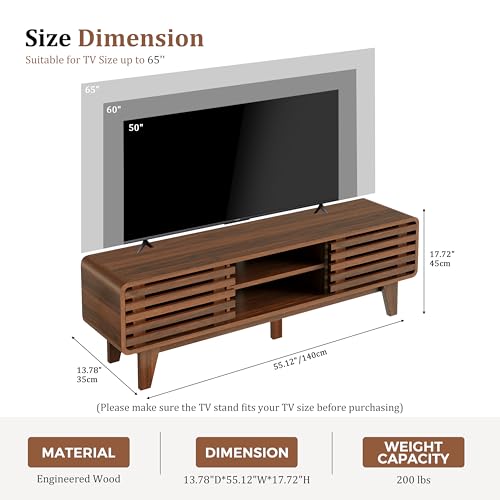 TV Stand, 55" Mid Century Modern Entertainment Center, Walnut