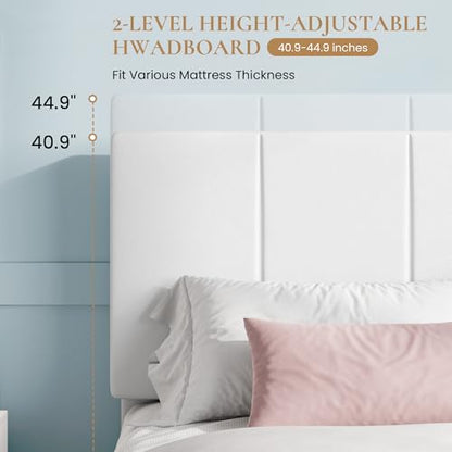 Full Size Bed Frame, Velvet Upholstered Platform Bed, Vertical Channel Tufted Adjustable Headboard, Low Profile Bed Frame, No Box Spring Needed, Easy Assembly, White