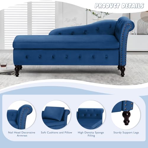 Velvet Chaise Lounge w/Right Armrest & Storage Space, Blue