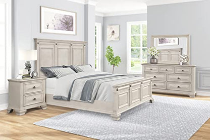 Renova Distressed Parchment Wood Bedroom Set, King Panel Bed, Dresser, Mirror, Nightstand, Chest