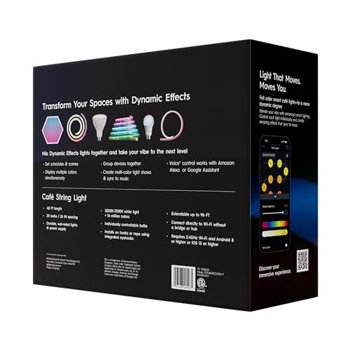 GE Dynamic Effects Smart Cafe Lights, Color Changing Patio String Lights, Compatible with Alexa and Google, 48ft