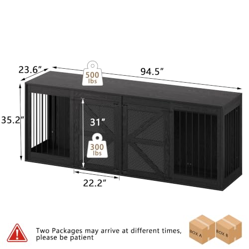 94in Double Dog Crate Furniture, Dog Kennel TV Stand, Black