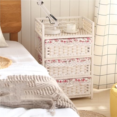 Rattan-Like Nightstand, Storage Cabinet with 3 Drawers, Minimalist Side Tables, Decorative Living Room Furniture, Multi-Function Side Cabinet for Bedroom, Living Room(White)