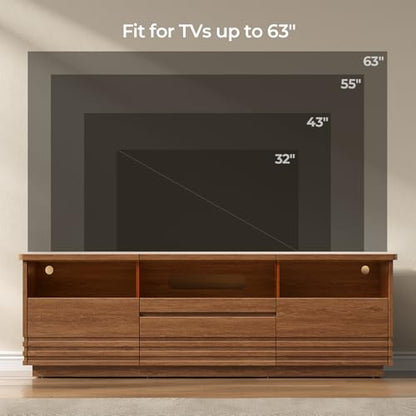 Fluted TV Stand with LED, Mid-Century Modern TV Cabinet, Brown
