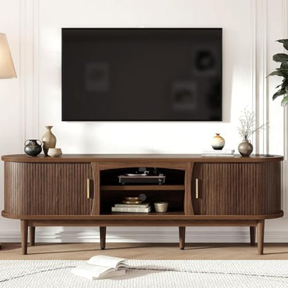 Mid Century TV Stand for TVs up to 65 Inches, Entertainment Center with Storage, Power Outlet, Fluted Sliding Doors & Adjustable Shelves, Modern Media TV Console Table for Living Room (Walnut)