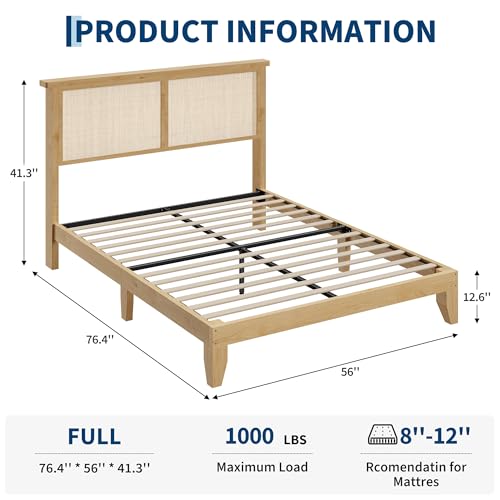 GAOMON Full Size Wood Bed Frame with LED Light and Rattan Headboard