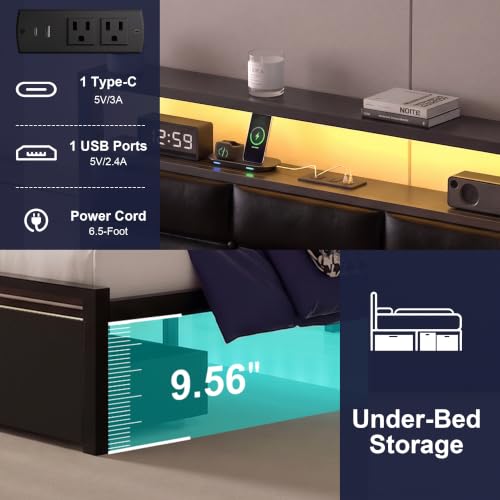 Full Bed Frame with 2 Storage Drawers, LED Lights & Charging Station, Upholstered Headboard with Shelves, Heavy Duty Metal Platform, No Box Spring Needed, Noise Free, Easy Assembly