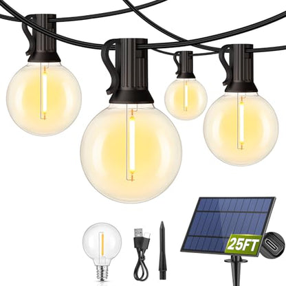 25FT Solar Powered String Lights Outdoor, Waterproof Solar Patio Light String with 10+1 Shatterproof LED G40 Bulbs for Backyard Garden-Black