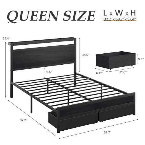 Queen Bed Frame with Storage, Wood Headboard with Fast Charging Station, LED Lights, Platform Bed Frame Queen Size, Fabric Drawers with Wheels, No Box Spring Needed, Noise Free, Black