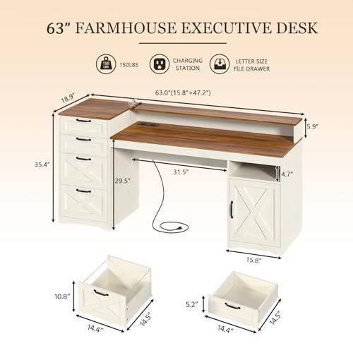 63" Farmhouse Computer Desk with 4 Drawers for Home Office, Bedroom