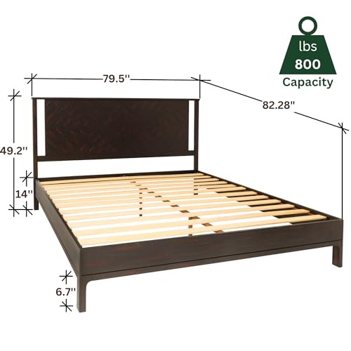 Ethan King Size Bed Frame with Diamond Headboard, Rustic Mid-Century Modern, Solid Acacia Wood, No Box Spring Needed, Slat Support, Rustic Black