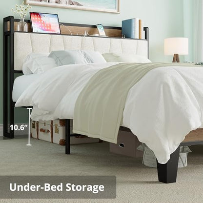 Queen Bed Frames, Storage Headboard with Charging Station, Solid and Stable, Noise Free, No Box Spring Needed, Easy Assembly, Wood and Cream