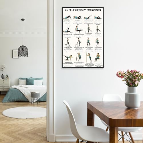 Knee-Friendly Low Impact Workout Poster, 16 Illustrated Joint-Safe Leg & Core Training Chart, Chair Supported Gentle Exercise Reference for Sensitive Knee Rehabilitation & Senior Home Fitness(8x12inchs，Unframed)