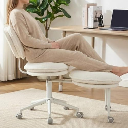 Cross Legged Chair with 360° Swivel Footrest, Criss Cross Office Chair for Plus Size, Teddy Fleece Armless Desk Chair with Wheels, Memory Foam Cozy Active Sitting Chair for Home Office,