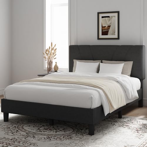 Queen Bed Frame with Headboard, Bed Frame Queen Size with Wood Slats Support,Linen Upholstered Adjustable Headboard, No Box Spring Needed, Heavy Duty Feet, Easy Assembly, Dark Grey