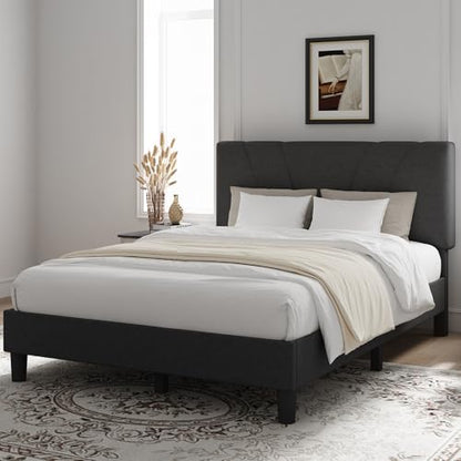 Queen Bed Frame with Headboard, Bed Frame Queen Size with Wood Slats Support,Linen Upholstered Adjustable Headboard, No Box Spring Needed, Heavy Duty Feet, Easy Assembly, Dark Grey