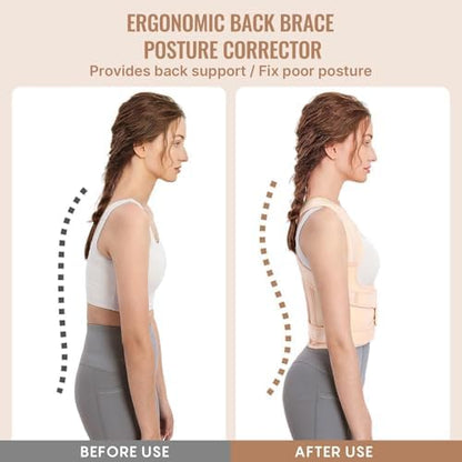 Back Brace Posture Corrector for Women and Men, Shoulder Straightener, Adjustable Full Back Support, Relief for Neck/Shoulder/Back Pain, Scoliosis & Hunchback Correction, Breathable Mesh Design (Beige, Medium/Large (Waist 33"-40"))