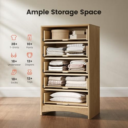 Amada Tall 5 Drawer Dresser, Modern Fluted Vertical Chest with Rounded Corners, Pre-Installed Drawer Slides & Narrow Storage Design for Bedroom or Hallway in Natural Oak