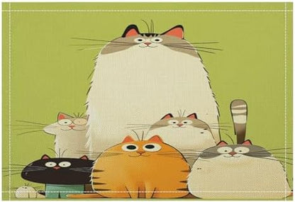 Cute Cats Family Cartoon Linen Placemats Set of 4PCS, Heat Resistant Non-Slip Washable Table Placemats for Dining Everyday Use Hotel Banquet Home Decor