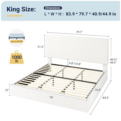 King Bed Frame, Adjustable Corduroy Headboard, Platform, White