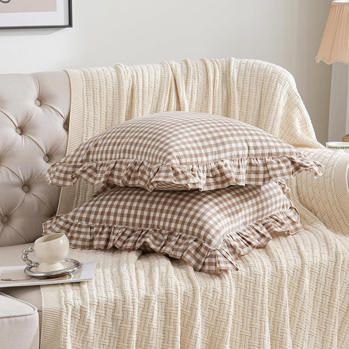 2 Pack Taupe/Brown Plaid Ruffle Throw Pillow Covers Farmhouse Checkered Chic Washed Cotton Pillowcases Gingham Pillow Shams for Bed, Sofa, Living Room-20"X20" Brown