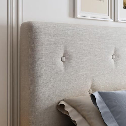 Queen Size Linen Bed Frame with Adjustable Headboard Beige