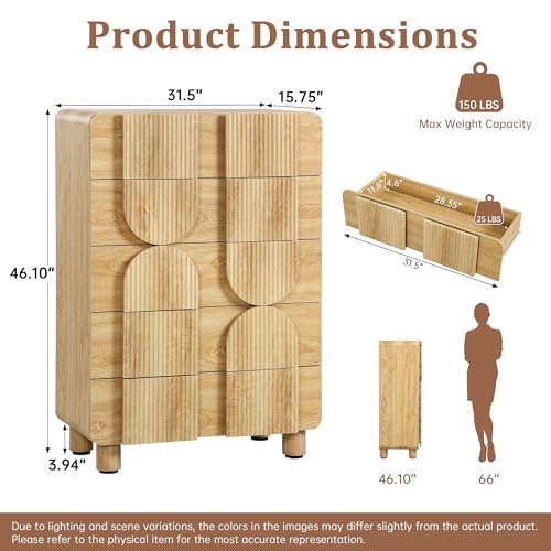 Fluted 5 Drawers Dresser for Bedroom, 46" Tall Dressers & Chest of Drawers w/Curved Profile Design, Wood Mid Century Modern Vertical Storage Dressers Organizer for Living Room, Hallway, Natural Oak