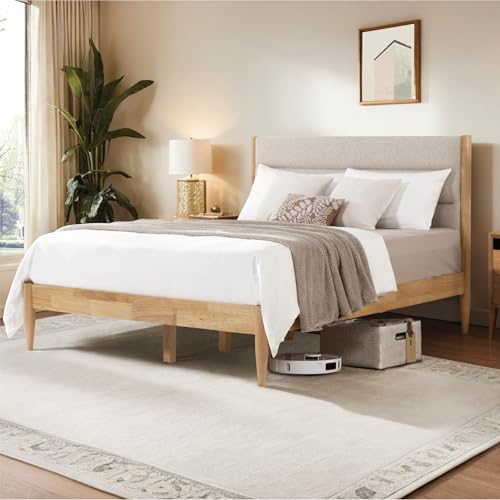 Wood Bed Frame with Upholstered Headboard, Oat, Queen