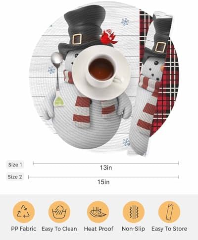 15inch Round Braided Placemats Set of 8, Washable Woven Dining Table Mats, Polypropylene Place Mats for Kitchen Table Home Decoration, Art Snowman Christmas