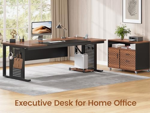 71" Executive Desk with Rolling File Cabinet, Large Office Desk with Drawers, L Shaped Computer Desk with Power Outlets, CPU Stand, Pegboard and Storage Shelves, Brown