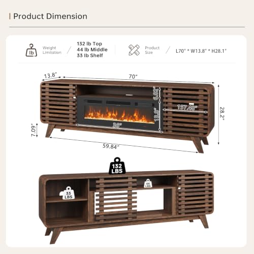 70" Fireplace TV Stand,Walnut
