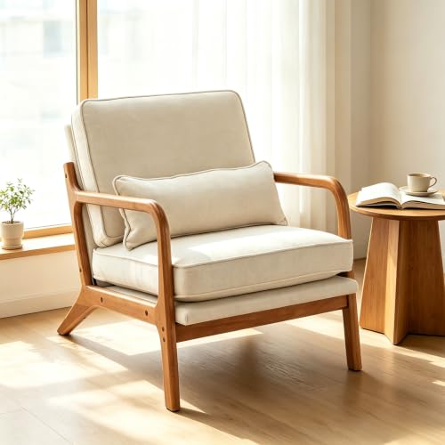 Mid-Century Accent Chairs, Set of 2, Beige Linen with Lumbar Pillow