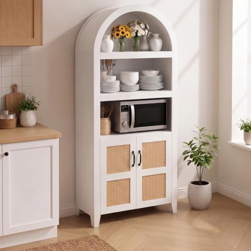 71" Arched Storage Cabinet, Modern Farmhouse Wooden Bookcase with Adjustable Shelves – Versatile Kitchen Pantry, Living Room Display, and Bedroom Storage (White)