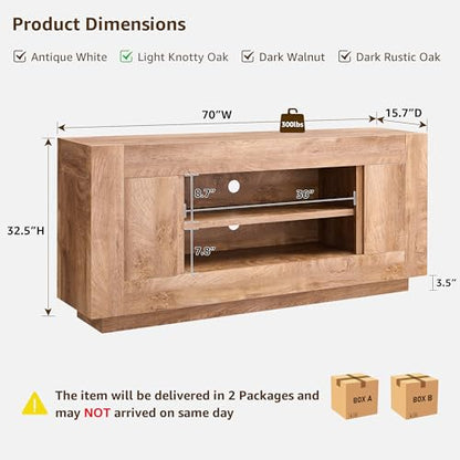 70" TV Stand for 80" TV, Thick Block Media Console, Light Knotty Oak